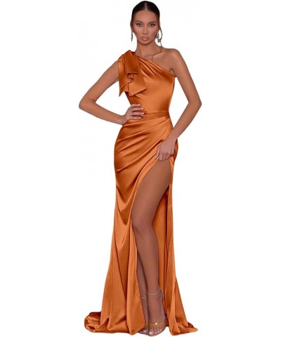 One Shoulder Mermaid Prom Dresses Long with Slit Satin Bridesmaid Dress for Women 2024 Formal Evening Gown Burnt Orange $28.8...