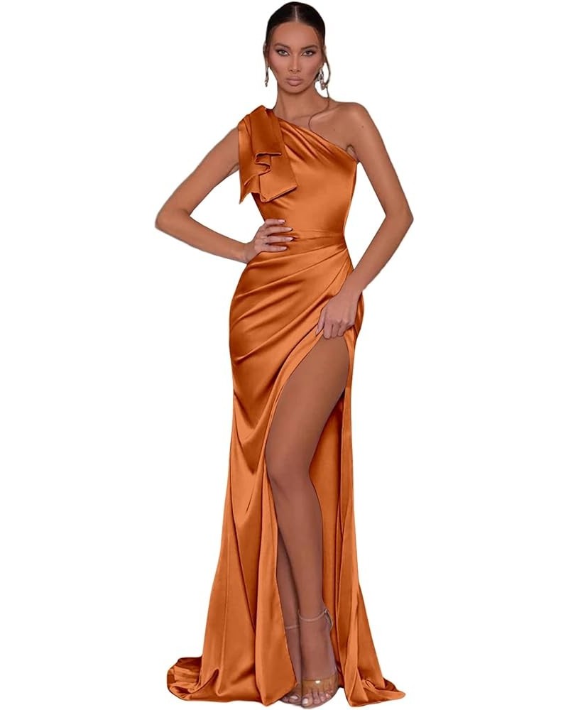 One Shoulder Mermaid Prom Dresses Long with Slit Satin Bridesmaid Dress for Women 2024 Formal Evening Gown Burnt Orange $28.8...