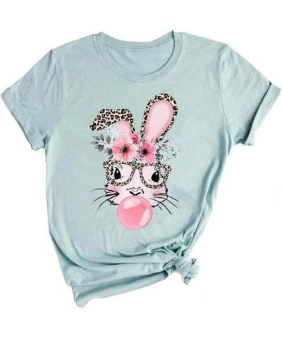 Easter Day Shirts Womens Bunny Eggs Plaid Leopard Printed T-Shirt Short Sleeve Graphic Tees Tops Glasses Rabbit/Blue $12.64 Tops