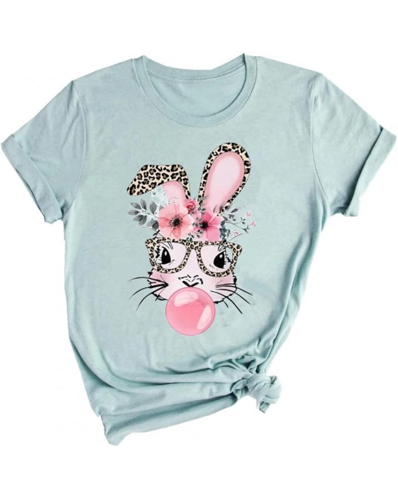 Easter Day Shirts Womens Bunny Eggs Plaid Leopard Printed T-Shirt Short Sleeve Graphic Tees Tops Glasses Rabbit/Blue $12.64 Tops