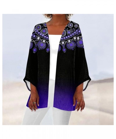 Kimonos for Women Casual 3/4 Sleeve Print Dressy Jacket Trendy Flowy Casual Loose Resort Wear Open Front Cardigan 1-dark Purp...