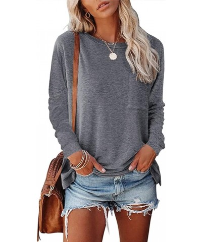 Women Casual Loose Long Sleeve Shirts Crewneck Solid Tops Pullover Sweatshirts with Pocket TY2 Ty2 Gray $15.59 Activewear