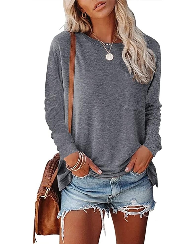 Women Casual Loose Long Sleeve Shirts Crewneck Solid Tops Pullover Sweatshirts with Pocket TY2 Ty2 Gray $15.59 Activewear