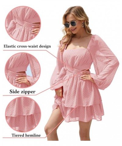 Women's Polka Swiss Dots Square Neck Long Sleeve Chiffon Dresses Crossover Elastic Waist Ruffle A-line Mini Dress Pink $16.80...