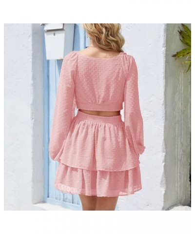 Women's Polka Swiss Dots Square Neck Long Sleeve Chiffon Dresses Crossover Elastic Waist Ruffle A-line Mini Dress Pink $16.80...