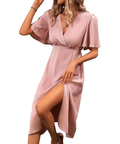 Women's Butterfly Sleeve Deep V Neck Split Thigh A Line Midi Flowy Dress Dusty Pink $10.19 Dresses