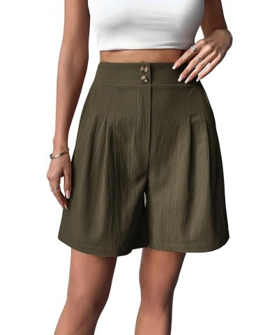 Women's High Waist Wide Leg Shorts Bermuda Plicated Loose Fit Shorts Army Green $14.96 Shorts