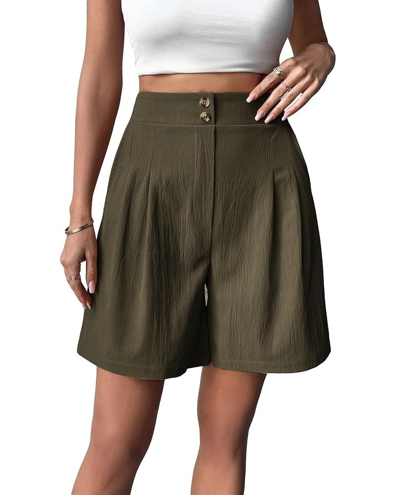 Women's High Waist Wide Leg Shorts Bermuda Plicated Loose Fit Shorts Army Green $14.96 Shorts