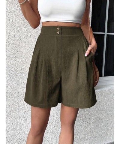 Women's High Waist Wide Leg Shorts Bermuda Plicated Loose Fit Shorts Army Green $14.96 Shorts