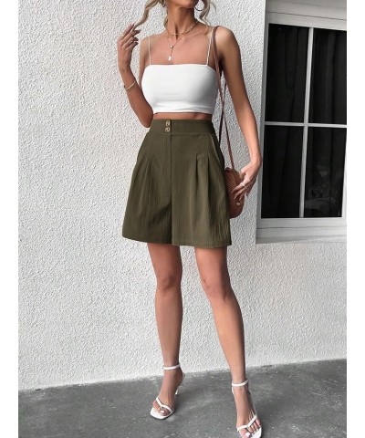 Women's High Waist Wide Leg Shorts Bermuda Plicated Loose Fit Shorts Army Green $14.96 Shorts