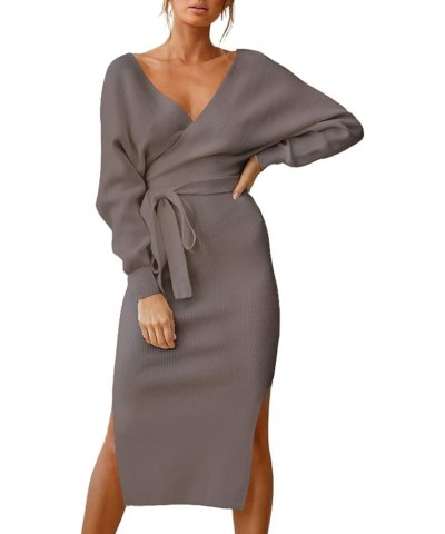 Women's Elegant V Neck Wrap Sweater Dress Long Sleeve Bodycon Knit Midi Dress with Belted 03-khaki $28.61 Sweaters