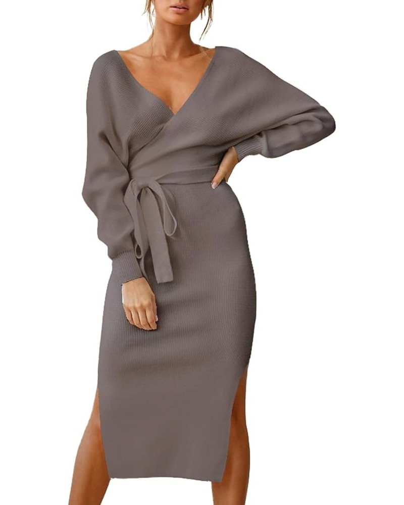 Women's Elegant V Neck Wrap Sweater Dress Long Sleeve Bodycon Knit Midi Dress with Belted 03-khaki $28.61 Sweaters