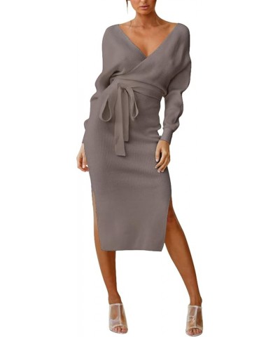 Women's Elegant V Neck Wrap Sweater Dress Long Sleeve Bodycon Knit Midi Dress with Belted 03-khaki $28.61 Sweaters