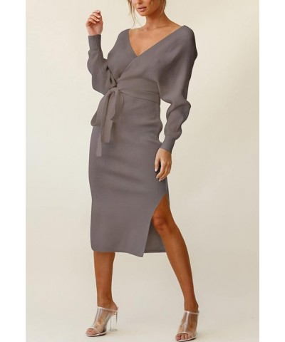 Women's Elegant V Neck Wrap Sweater Dress Long Sleeve Bodycon Knit Midi Dress with Belted 03-khaki $28.61 Sweaters