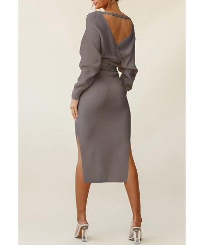 Women's Elegant V Neck Wrap Sweater Dress Long Sleeve Bodycon Knit Midi Dress with Belted 03-khaki $28.61 Sweaters