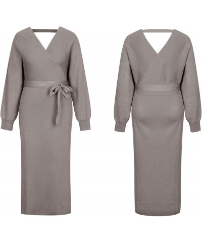 Women's Elegant V Neck Wrap Sweater Dress Long Sleeve Bodycon Knit Midi Dress with Belted 03-khaki $28.61 Sweaters