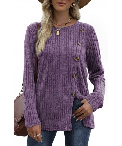 Women's Crew Neck Long Sleeve Shirts Tunic Tops Buttons Side Slit Ha- Purple 2 $11.76 Tops