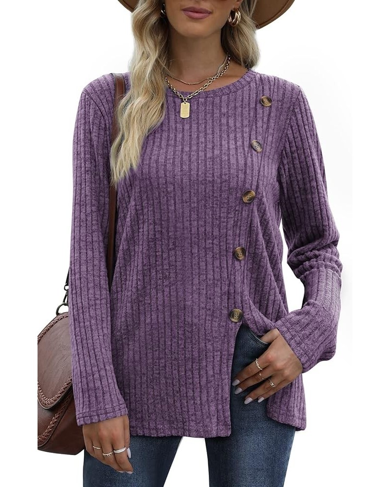 Women's Crew Neck Long Sleeve Shirts Tunic Tops Buttons Side Slit Ha- Purple 2 $11.76 Tops