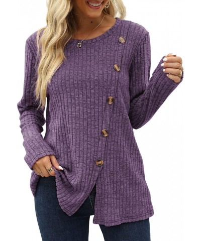 Women's Crew Neck Long Sleeve Shirts Tunic Tops Buttons Side Slit Ha- Purple 2 $11.76 Tops