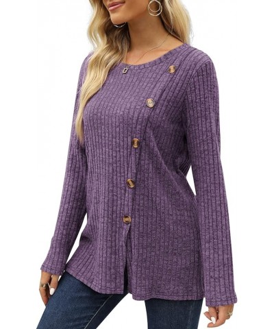 Women's Crew Neck Long Sleeve Shirts Tunic Tops Buttons Side Slit Ha- Purple 2 $11.76 Tops