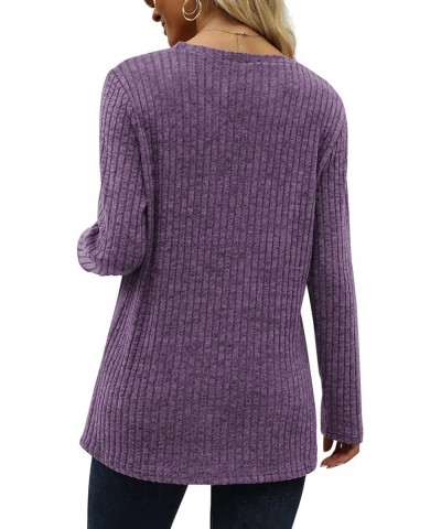 Women's Crew Neck Long Sleeve Shirts Tunic Tops Buttons Side Slit Ha- Purple 2 $11.76 Tops