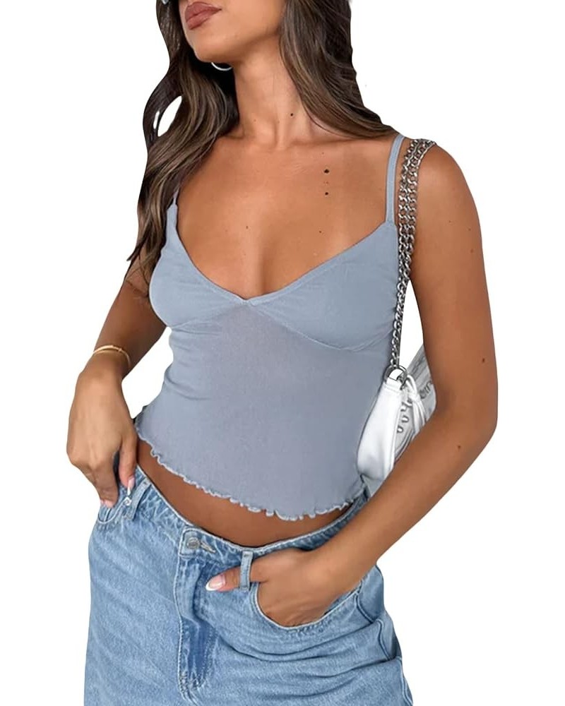 Women Y2K Spaghetti Strap Tank Tops Sexy Backless Mesh Crop Lace Cami Going Out Tops Party Club Summer Clothing Gray $5.39 Tanks