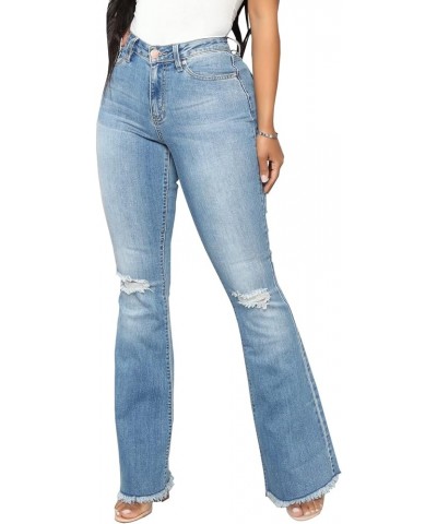 Women's Elastic Ripped Hole Classic Denim Bell Bottom Jeans 21light Blue $22.41 Jeans