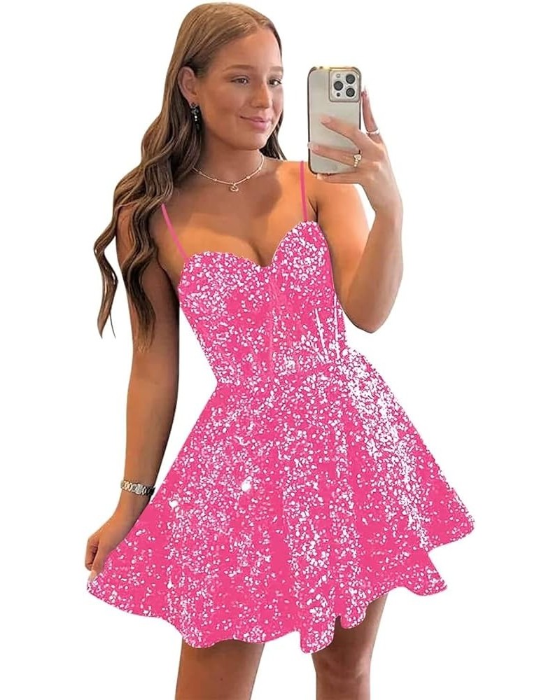 Sparkly Sequin Short Homecoming Dresses for Teens 2023 Sparkly Spaghetti Straps Criss-Crosswith Evening Party Gowns Hot Pink ...