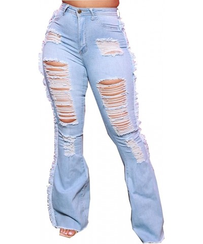 Women's Elastic Ripped Hole Classic Denim Bell Bottom Jeans 2531 Light Blue $22.41 Jeans