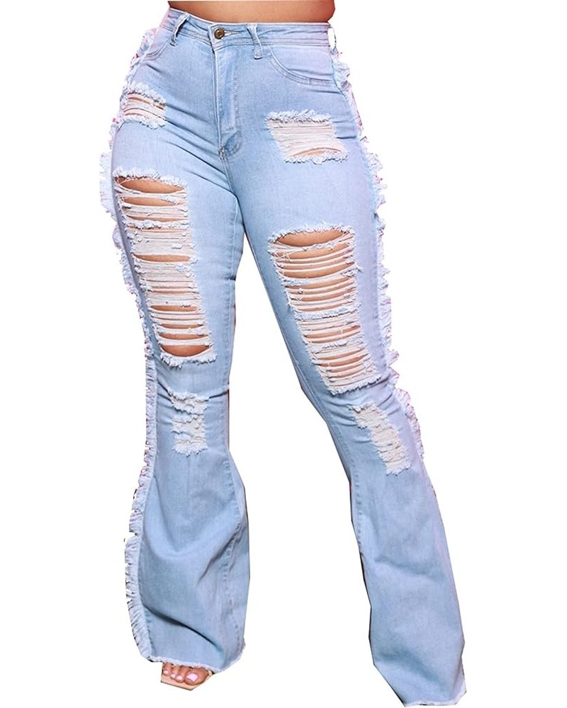 Women's Elastic Ripped Hole Classic Denim Bell Bottom Jeans 2531 Light Blue $22.41 Jeans