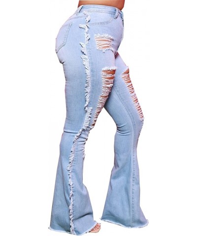 Women's Elastic Ripped Hole Classic Denim Bell Bottom Jeans 2531 Light Blue $22.41 Jeans