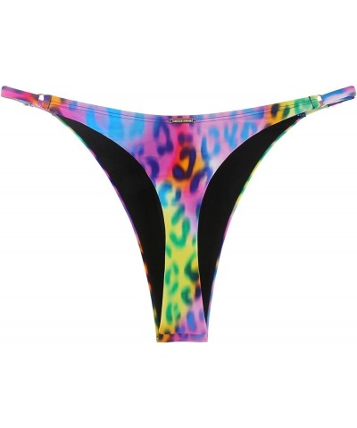 Women's Adjustable High Cut Thong Bikini Bottom Purple Leopard $11.79 Swimsuits