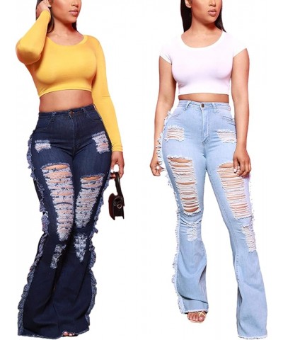 Women's Elastic Ripped Hole Classic Denim Bell Bottom Jeans 2531 Light Blue $22.41 Jeans