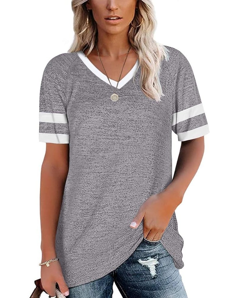 Womens T Shirts Short Sleeve Tunic Tops Loose Crewneck Color Block Casual Tee Shirts Blouses Z4-grey $13.19 Tops