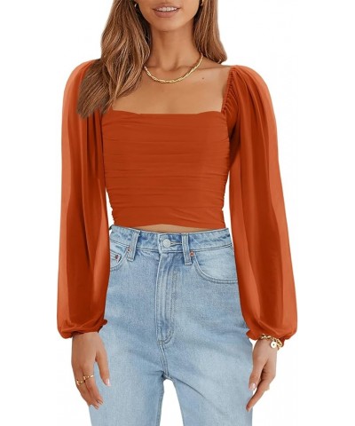 Women's Summer Mesh Long Sleeve Tops Square Neck Ruched Party Club Casual Crop Blouse Shirt Orange $15.59 Blouses