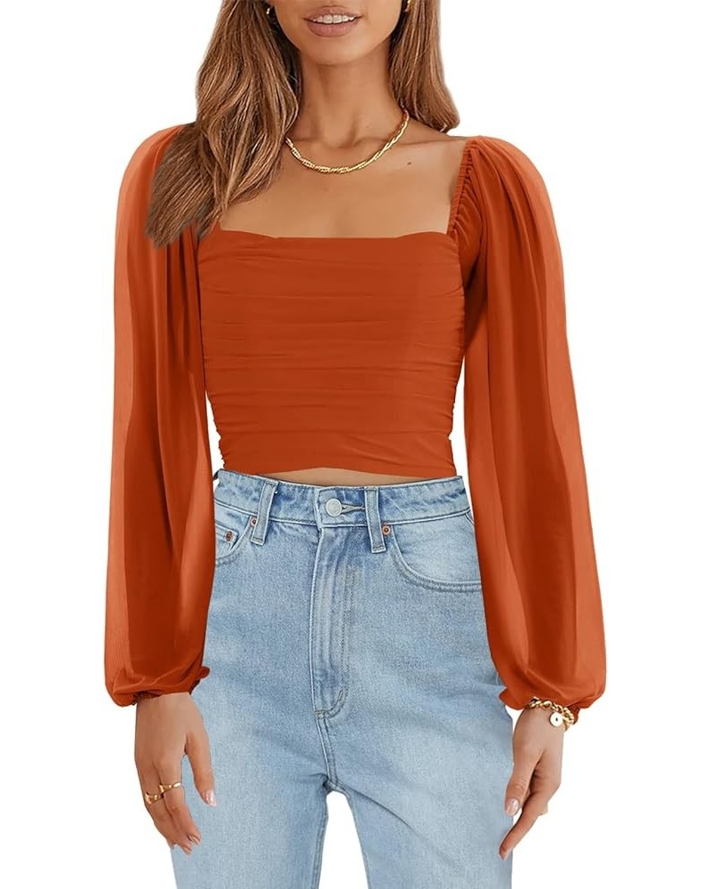 Women's Summer Mesh Long Sleeve Tops Square Neck Ruched Party Club Casual Crop Blouse Shirt Orange $15.59 Blouses