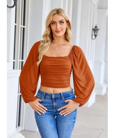 Women's Summer Mesh Long Sleeve Tops Square Neck Ruched Party Club Casual Crop Blouse Shirt Orange $15.59 Blouses