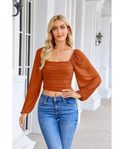 Women's Summer Mesh Long Sleeve Tops Square Neck Ruched Party Club Casual Crop Blouse Shirt Orange $15.59 Blouses