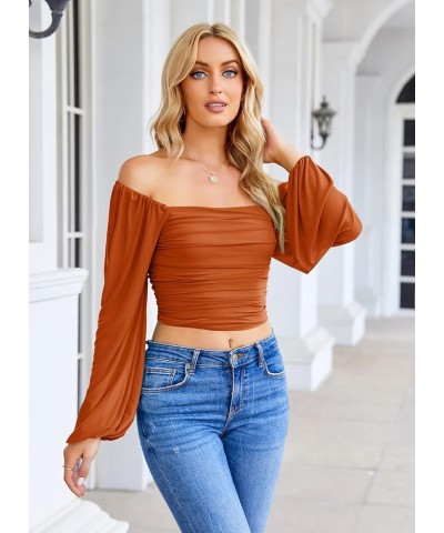 Women's Summer Mesh Long Sleeve Tops Square Neck Ruched Party Club Casual Crop Blouse Shirt Orange $15.59 Blouses