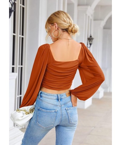 Women's Summer Mesh Long Sleeve Tops Square Neck Ruched Party Club Casual Crop Blouse Shirt Orange $15.59 Blouses