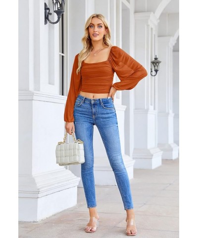 Women's Summer Mesh Long Sleeve Tops Square Neck Ruched Party Club Casual Crop Blouse Shirt Orange $15.59 Blouses