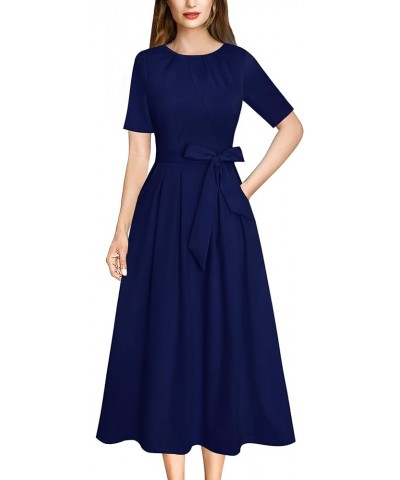 Womens Pleated Crew Neck Pockets Belted Work Business Office Casual A-Line Midi Mid-Calf Dress Navy Blue $24.98 Dresses