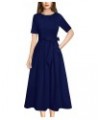 Womens Pleated Crew Neck Pockets Belted Work Business Office Casual A-Line Midi Mid-Calf Dress Navy Blue $24.98 Dresses