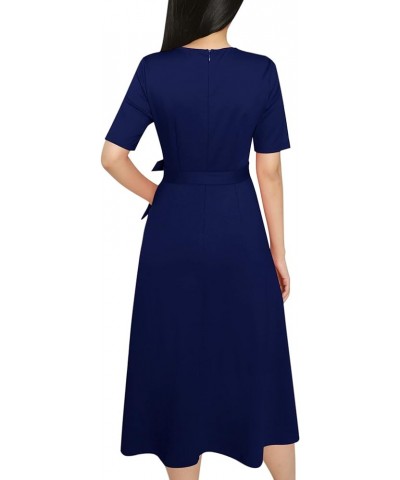 Womens Pleated Crew Neck Pockets Belted Work Business Office Casual A-Line Midi Mid-Calf Dress Navy Blue $24.98 Dresses