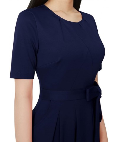 Womens Pleated Crew Neck Pockets Belted Work Business Office Casual A-Line Midi Mid-Calf Dress Navy Blue $24.98 Dresses