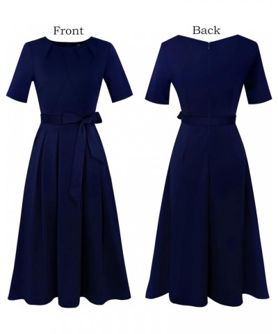 Womens Pleated Crew Neck Pockets Belted Work Business Office Casual A-Line Midi Mid-Calf Dress Navy Blue $24.98 Dresses