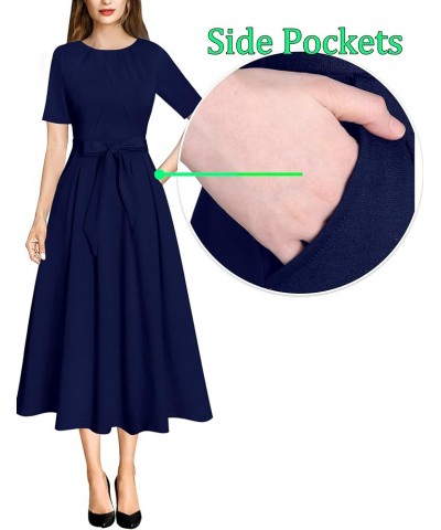 Womens Pleated Crew Neck Pockets Belted Work Business Office Casual A-Line Midi Mid-Calf Dress Navy Blue $24.98 Dresses