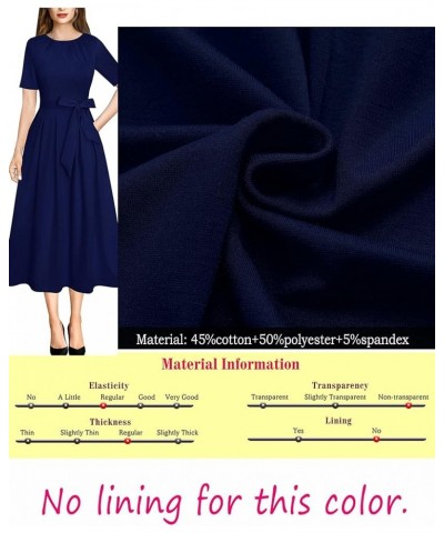 Womens Pleated Crew Neck Pockets Belted Work Business Office Casual A-Line Midi Mid-Calf Dress Navy Blue $24.98 Dresses