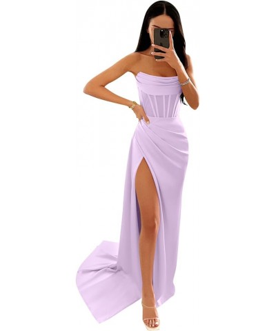 Corset Prom Dresses for Women Long Ball Gown Strapless Mermaid Satin Bridesmaid Dresses with Slit Lilac $35.09 Dresses