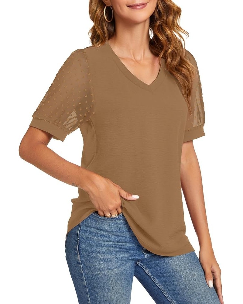 Womens Summer Casual Shirts Short Sleeve Tunic V Neck Trendy Blouses Tops B:brown $10.00 Tops